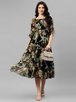 Deebaco - Multi Colour Printed Chiffon Smocked Tiered Dress
