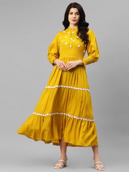 Deebaco - Lemon Yellow with White Embroidered Floral Viscose Rayon Women Tiered Dress
