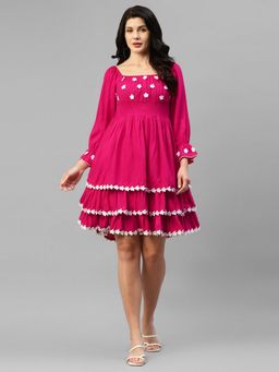 Deebaco - Magenta with White Embroidered Floral Flared Viscose Rayon Women Dress