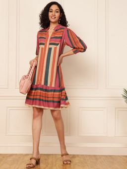 Deebaco - Multi Color Striped Women Tiered Dress