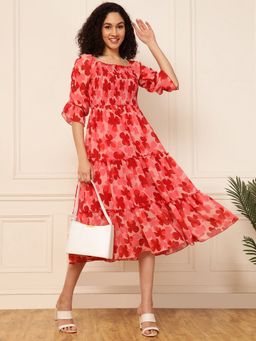 Deebaco - Red Floral Smocked Tiered Women Dress