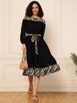 Deebaco - Black with Diagonal Multi Striped Women Tiered Dress