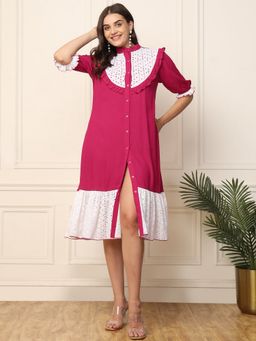 Deebaco - Magenta with Schiffli Embroidered Tiered Women Shirt Dress