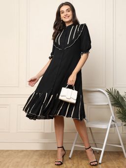 Deebaco - Black with Yoke Designed Tiered Women Shirt Dress