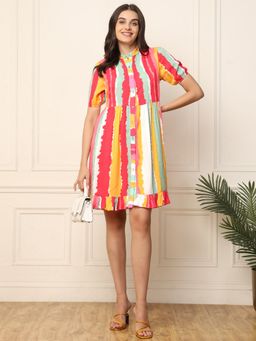 Deebaco - Multi Color Striped Women Knee Length Shirt Dress