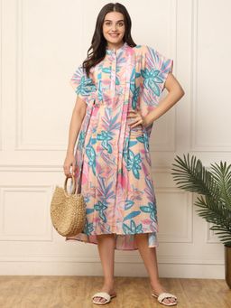 Deebaco - Floral Linen Printed High Low Women Kaftan Dress