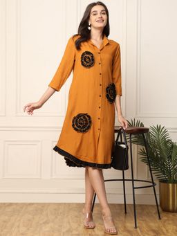 Deebaco - Mustard Frilled Floral Designed Women Shirt Dress
