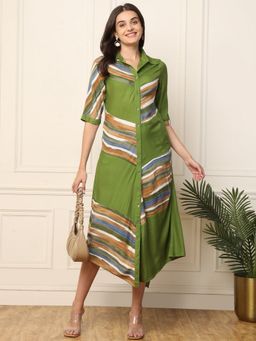Deebaco - Lime Green with Multi Striped Women Shirt Dress