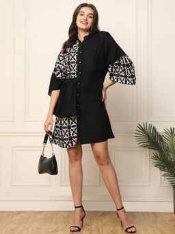 Deebaco - Black with Printed Women Knee Length Shirt Dress