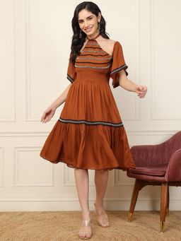 Deebaco - Tan Halter Neck Tiered Women Dress