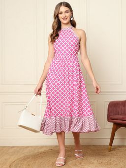 Deebaco - Pink Halter Neck Tiered Women Dress