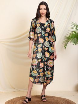 Deebaco - Women Black Velvet Floral Printed Shirt Dress