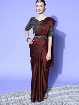 Akhilam - Women's Georgette Brown Embellished Belted Sarees with Unstitched Blouse