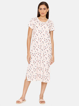 Zivame - Rosaline Geo Blooms Knit Cotton Mid Length Nightdress - Marshmallow