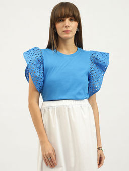 United Colors of Benetton - Round Neck Schiffli Solid Blue Top