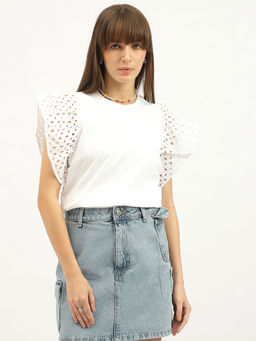 United Colors of Benetton - Round Neck Schiffli Solid White Top