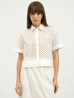 United Colors of Benetton - Spread Collar Schiffli Self Design White Shirt