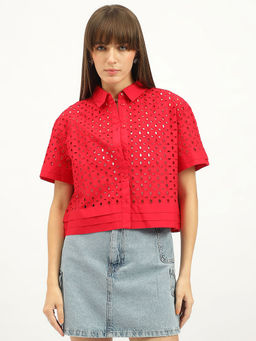 United Colors of Benetton - Spread Collar Schiffli Self Design Red Shirt