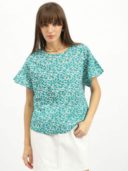 United Colors of Benetton - Round Neck Printed Blue Top