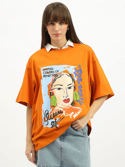 United Colors of Benetton - Round Neck Printed Orange T-Shirt