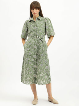 United Colors of Benetton - Spread Collar Schiffli Embroidered Green Dress with Belt (Set of 2)