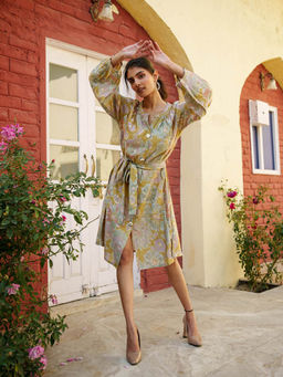 Vaasva Jaipur - Women Green Muslin Floral Printed Knee Length Dress with Belt (Set of 2)