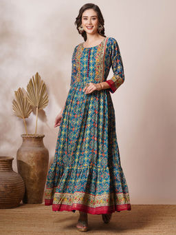 FASHOR - Geometric Abstract Printed A-Line Pleated Maxi Dress - Teal Blue