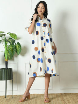 Laado - White Polka Dots Midi Dress with Collar