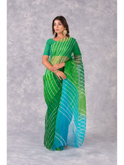 KISHORI - Lehariya and Zari Weaving Border Organza Saree and Blouse Fabric-Green-Blue