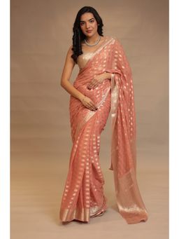Zari Jaipur - Women Peach Chiffon Woven Saree with Unstitched Blouse