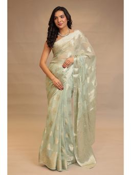 Zari Jaipur - Women Green Georgette Woven Saree with Unstitched Blouse