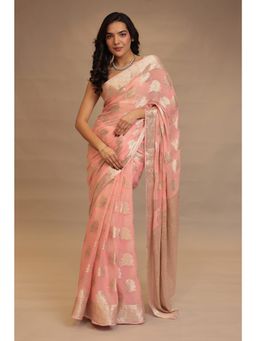 Zari Jaipur - Women Pink Chiffon Woven Saree with Unstitched Blouse