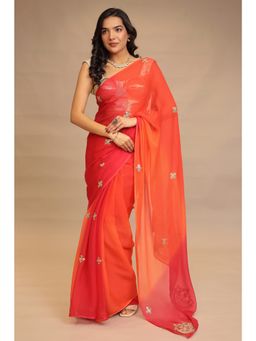 Zari Jaipur - Women Red Georgette Embroidered Saree with Unstitched Blouse