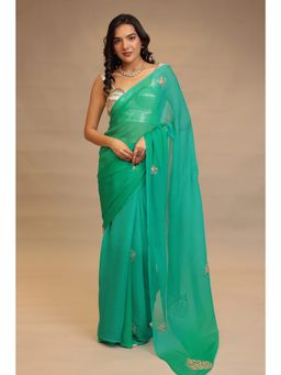Zari Jaipur - Women Green Georgette Embroidered Saree with Unstitched Blouse