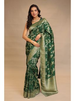 Zari Jaipur - Women Green Silk Woven Saree with Unstitched Blouse