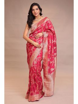 Zari Jaipur - Women Pink Silk Woven Saree with Unstitched Blouse