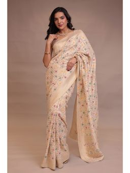 Zari Jaipur - Women Cream Georgette Woven Saree with Unstitched Blouse