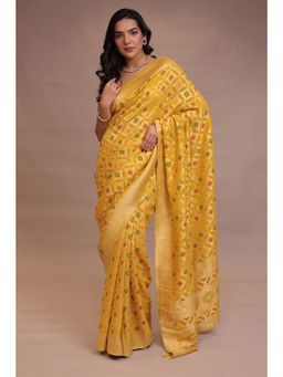 Zari Jaipur - Women Yellow Georgette Woven Saree with Unstitched Blouse