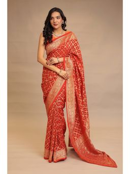Zari Jaipur - Women Orange Georgette Woven Saree with Unstitched Blouse