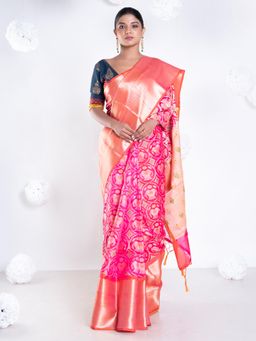 Boveee - Women Pink Banarasi Silk Woven Saree Without Blouse