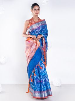 Boveee - Women Blue Chanderi Woven Saree Without Blouse