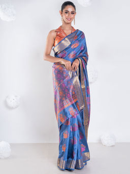Boveee - Women Blue Banarasi Silk Woven Saree Without Blouse