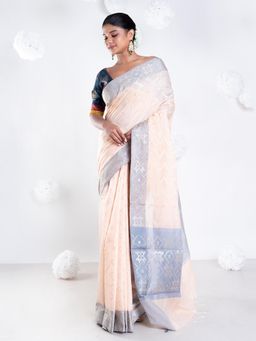 Boveee - Women Cream Chanderi Woven Saree Without Blouse