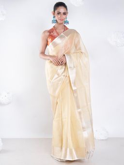 Boveee - Women Cream Chanderi Woven Saree Without Blouse