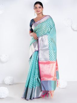 Boveee - Women Green Organza Woven Saree Without Blouse