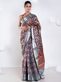 Boveee - Women Grey Organza Woven Saree Without Blouse