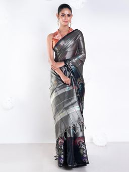 Boveee - Women Grey Organza Woven Saree Without Blouse