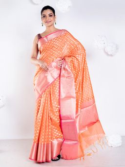 Boveee - Women Orange Organza Woven Saree Without Blouse