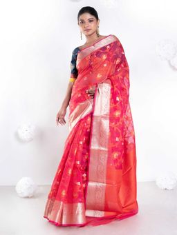 Boveee - Women Pink Banarasi Silk Woven Saree Without Blouse
