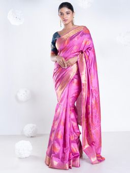 Boveee - Women Pink Banarasi Silk Woven Saree Without Blouse